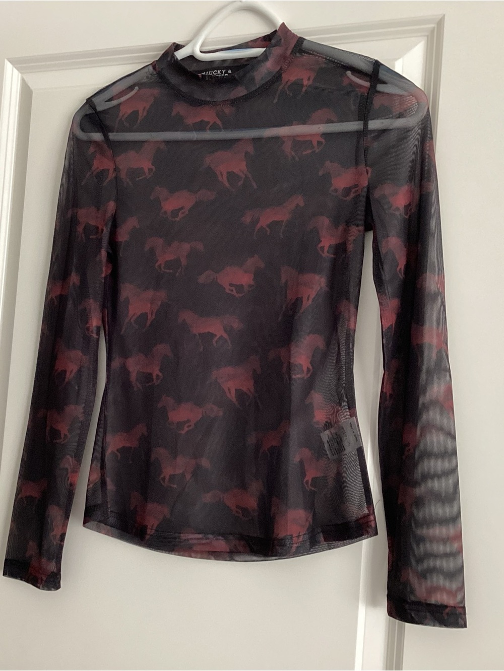 Lucky & Blessed Black Sheer Long Sleeve Top with Burgundy Horse Print